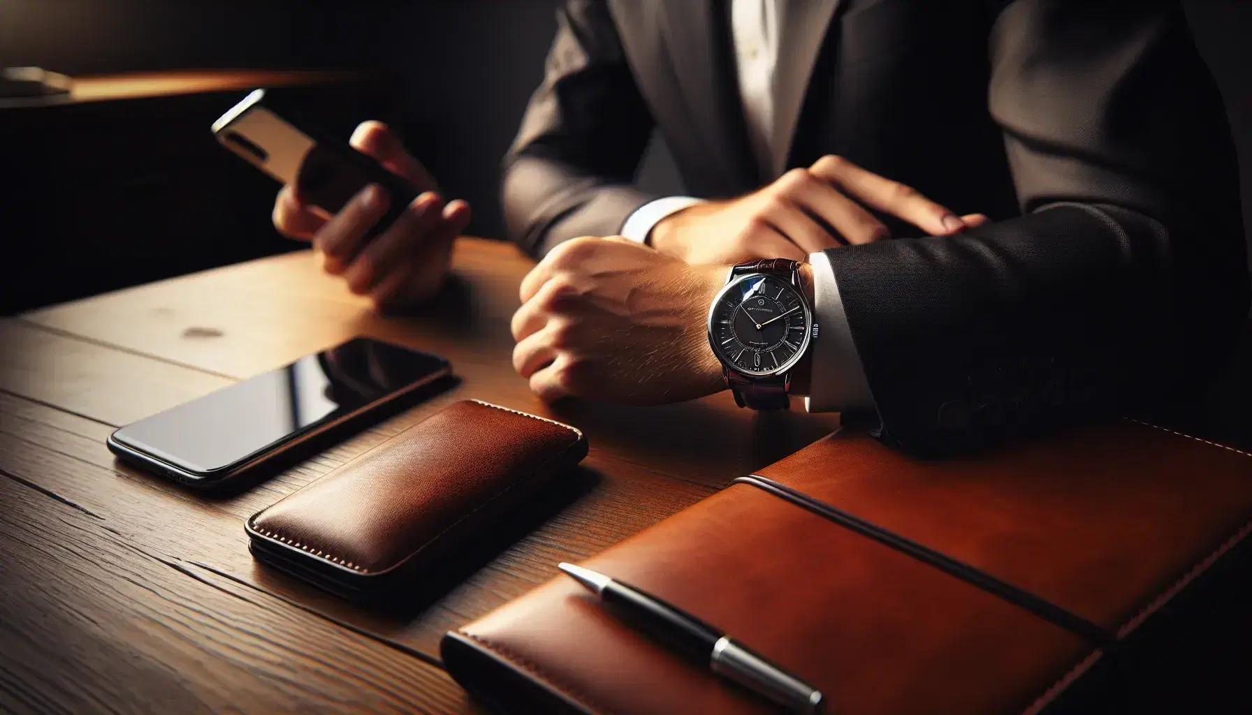Primer plano de reloj analógico clásico con correa de cuero marrón y esfera blanca, junto a un teléfono móvil y cartera de cuero sobre mesa de madera.