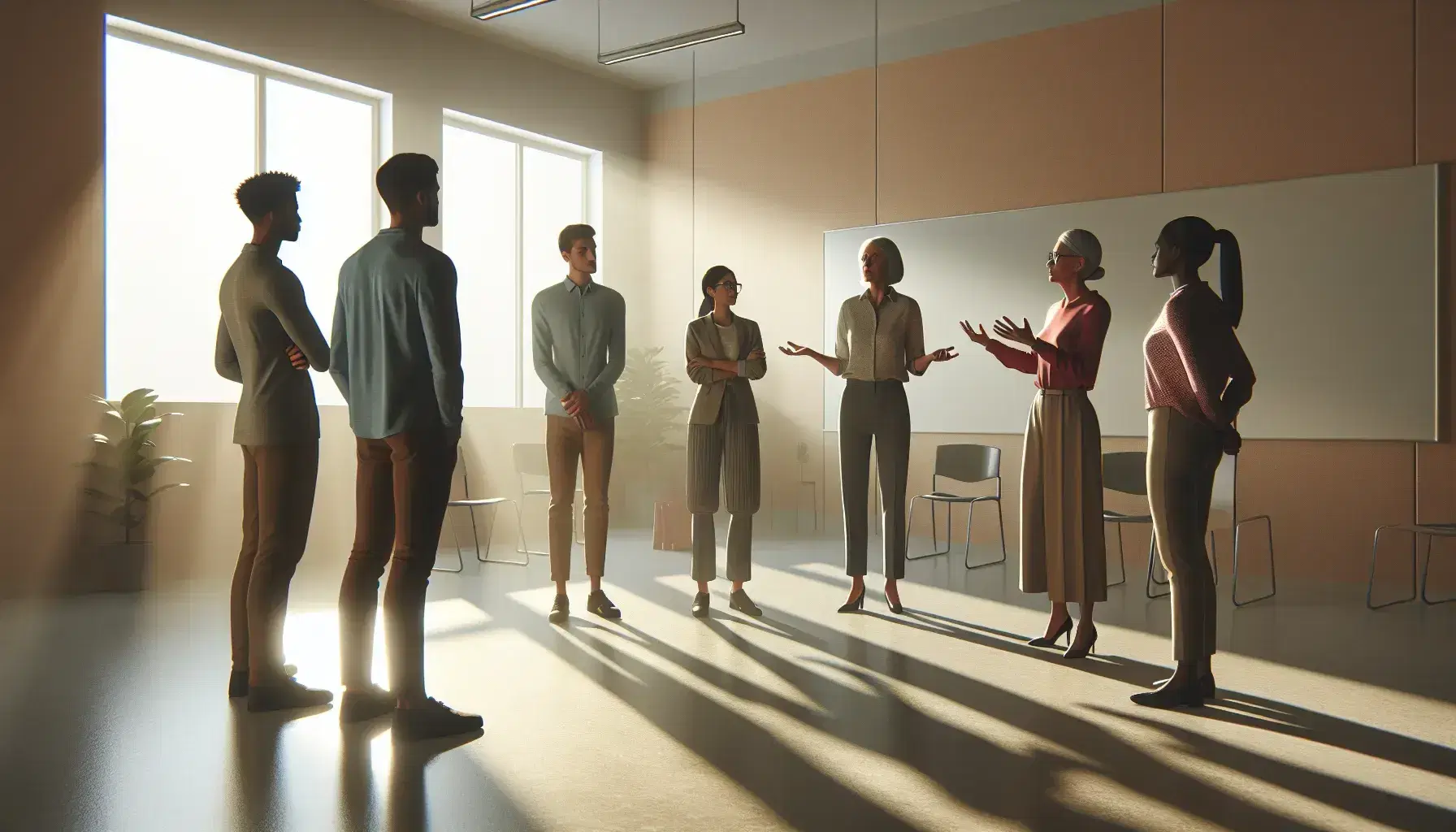 Grupo diverso de cinco profesionales en reunión de trabajo, con uno explicando y gestos de participación activa, en una sala iluminada naturalmente.