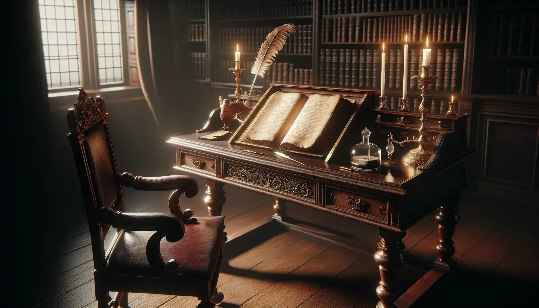 Late 18th-century study room with a mahogany writing desk, open book, quill pen, inkwell, candlelight, and shelves of leather-bound books.