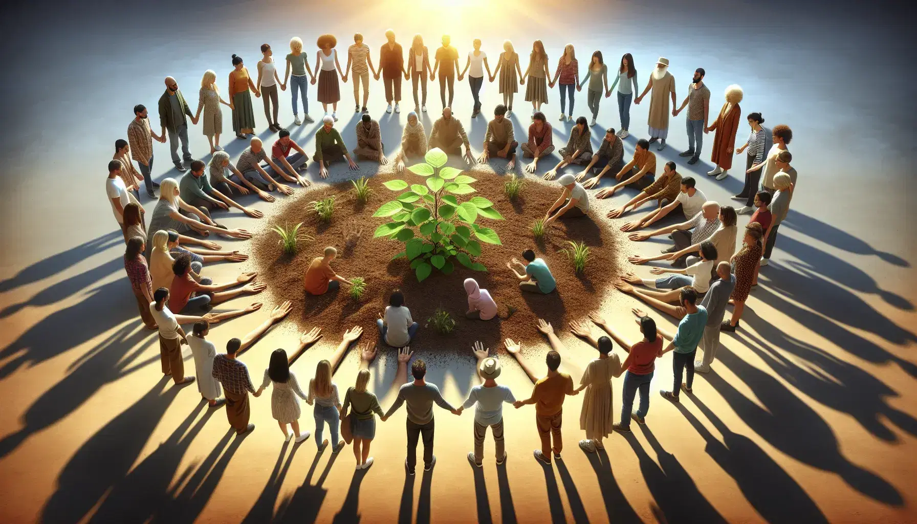 Grupo diverso de personas en círculo alrededor de una planta joven bajo la luz del sol, simbolizando cuidado y unidad en un espacio abierto con cielo azul.