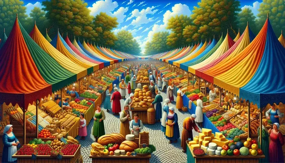 Mercato all'aperto con tende colorate, bancarelle di frutta, verdura, formaggi e pane, persone che conversano e commercianti sorridenti.