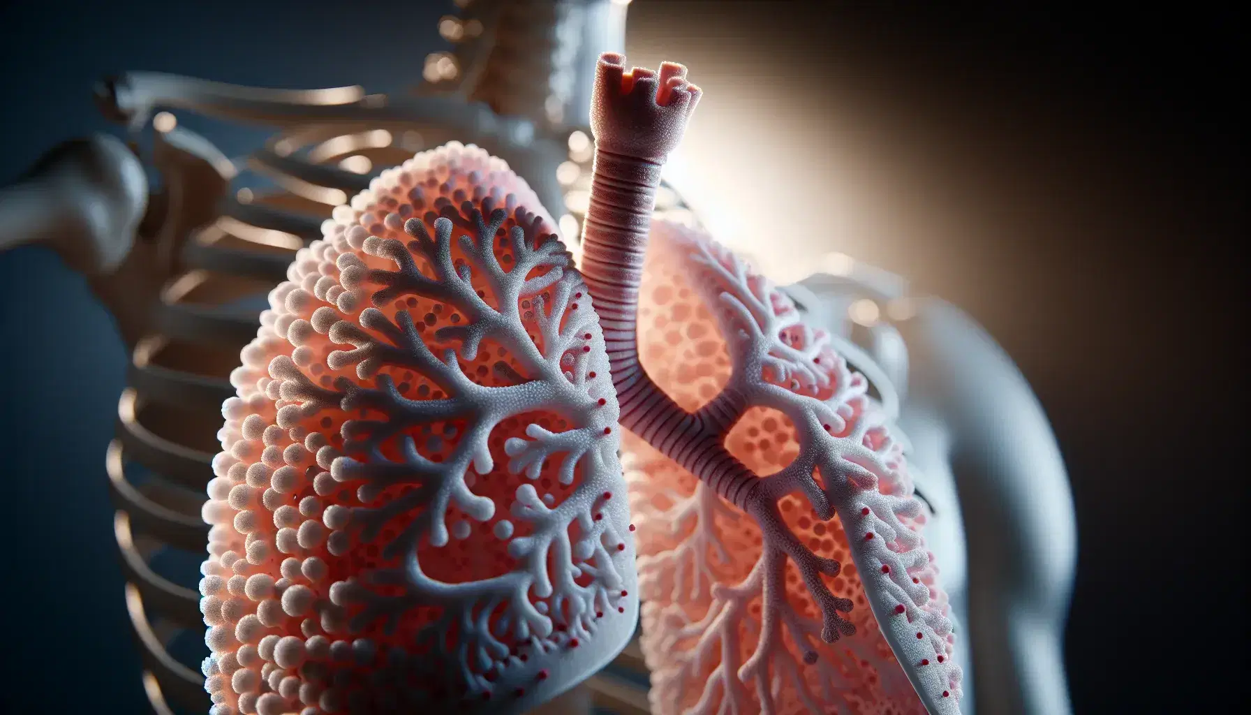 Detailed anatomical model of human lung with bronchial tree, bronchi and bronchioles leading into alveoli, on ribs background.