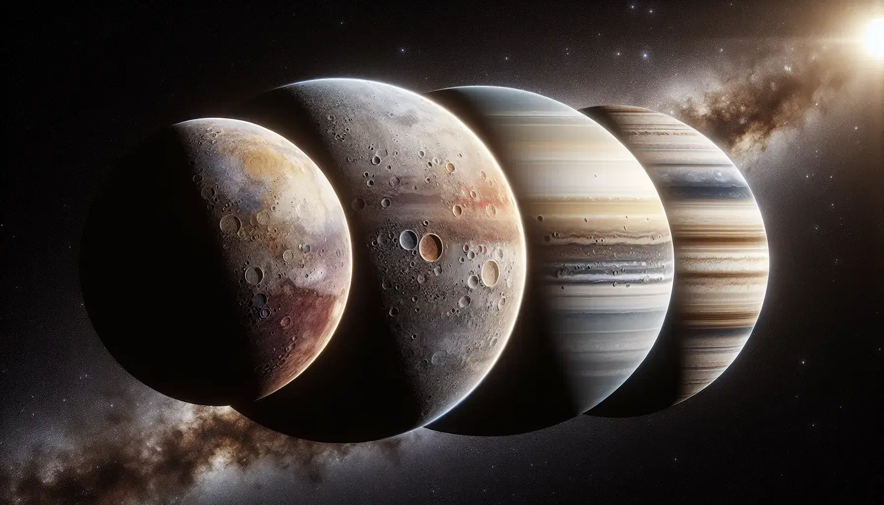 Quattro pianeti allineati su sfondo spaziale stellato, con superfici dettagliate e anello planetario sul quarto, illuminati dal sole.