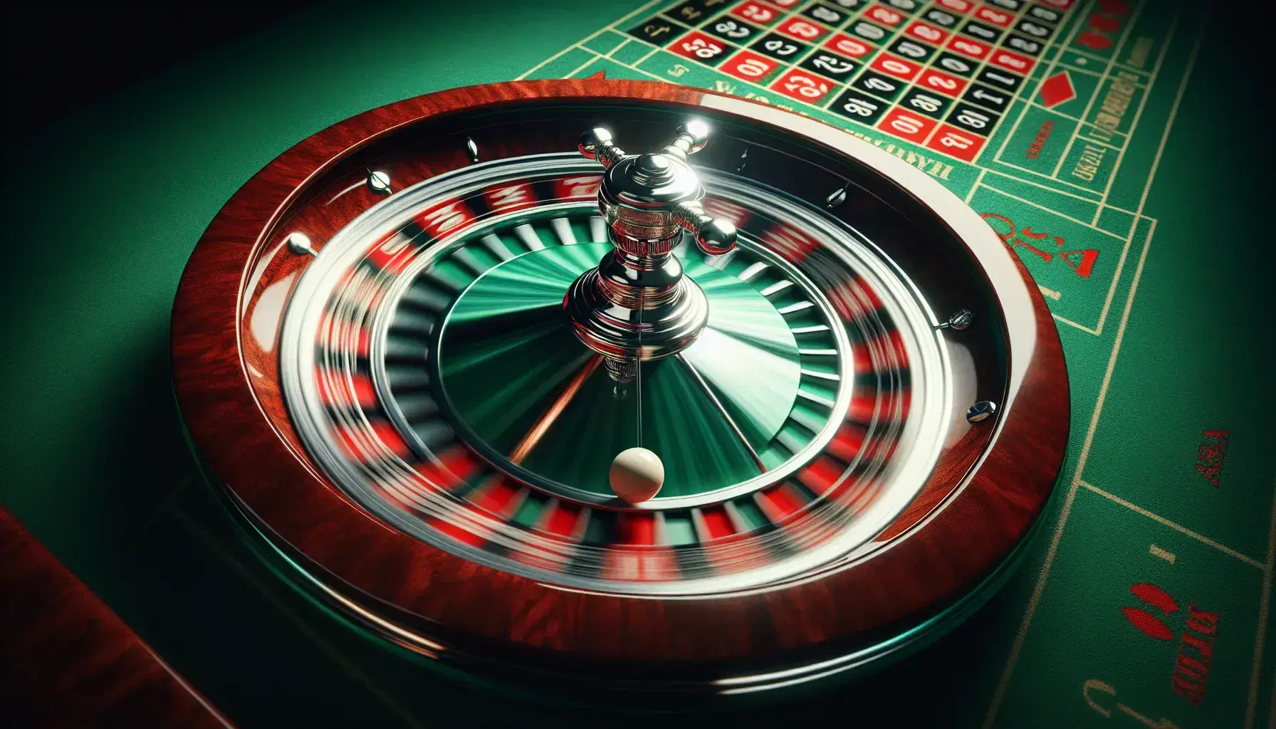Close up of a roulette wheel in motion with dynamic blur, white ball in action on green baize background, vibrant colors and bright reflections.