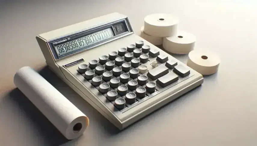 Calcolatrice Programma 101 di Olivetti su superficie neutra con tasti neri e grigi, display spento e rotoli di carta accanto.