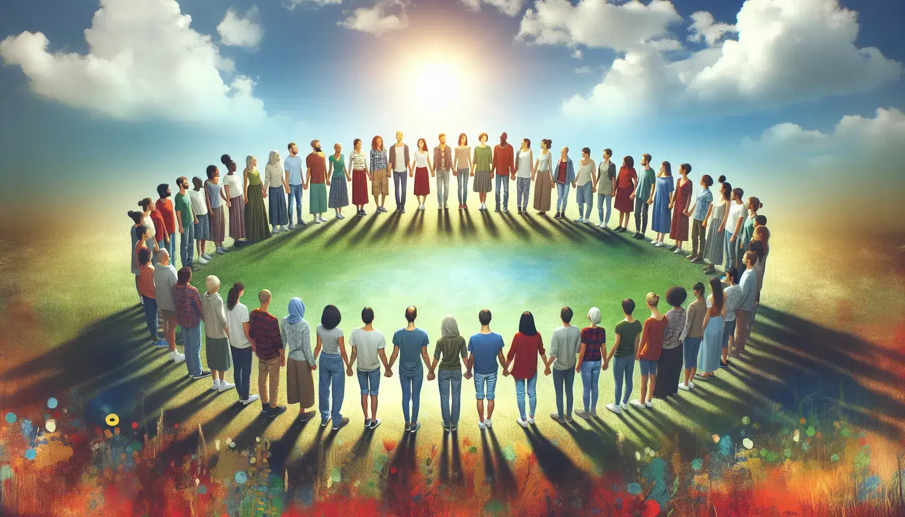 Gruppo eterogeneo di persone in cerchio tenendosi per mano, simboleggiando unità e solidarietà su sfondo di cielo azzurro.