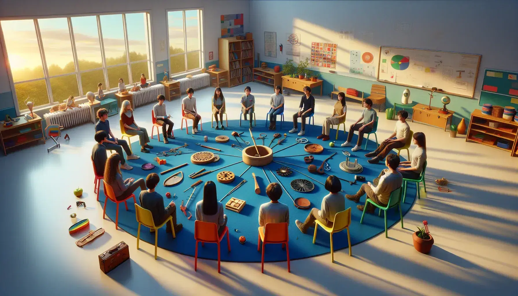 Studenti seduti in cerchio su sedie colorate in aula luminosa con oggetti didattici al centro, tra cui puzzle, strumenti musicali e occhiali VR.