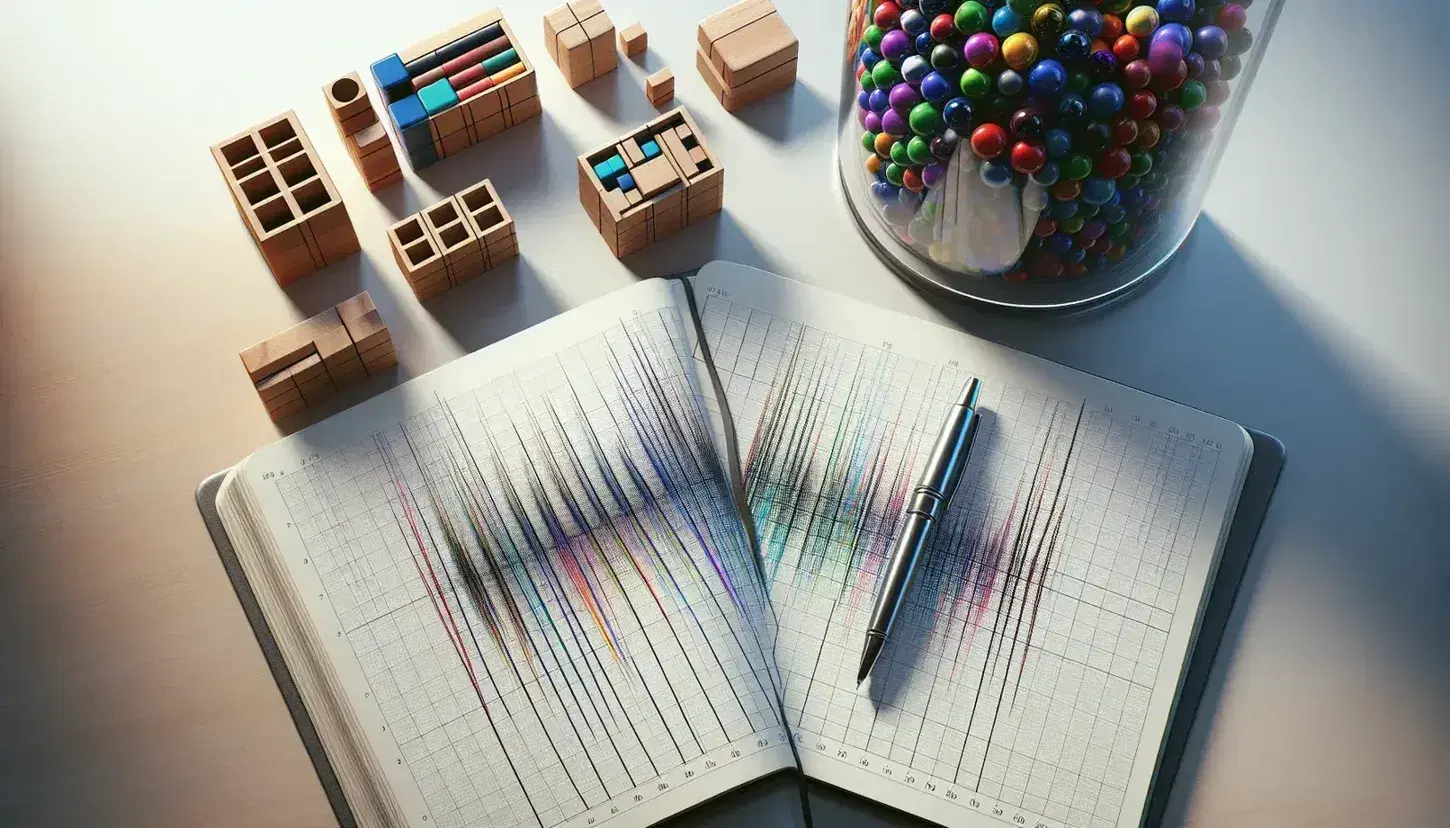 Organized desk with open grid notebook, jar of colored marbles, assorted wooden blocks, silver pen and turned off calculator.
