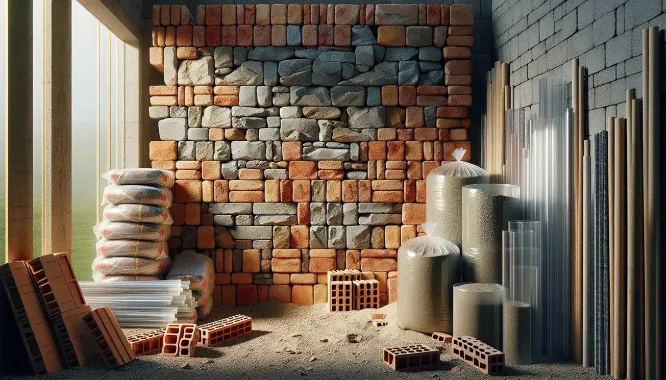 Materiali da costruzione in cantiere con mattoni impilati, parete di pietra naturale, tubi di vetro e sacco di cemento aperto.