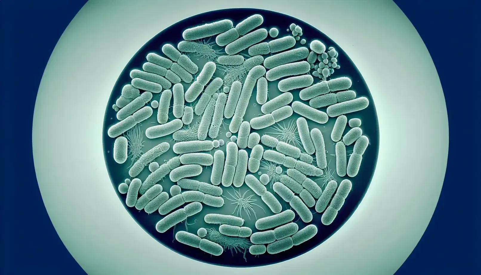 Vista microscópica de colonia de bacterias bacilo en medio de cultivo, con células en división y teñidas en verdes sobre fondo azul claro.