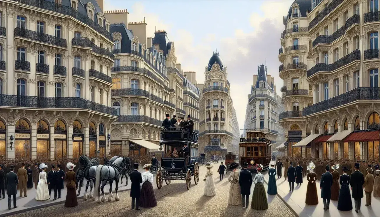 Scena vivace di un boulevard parigino durante la Belle Époque con carrozze, tram, pedoni eleganti e architettura ornamentale.