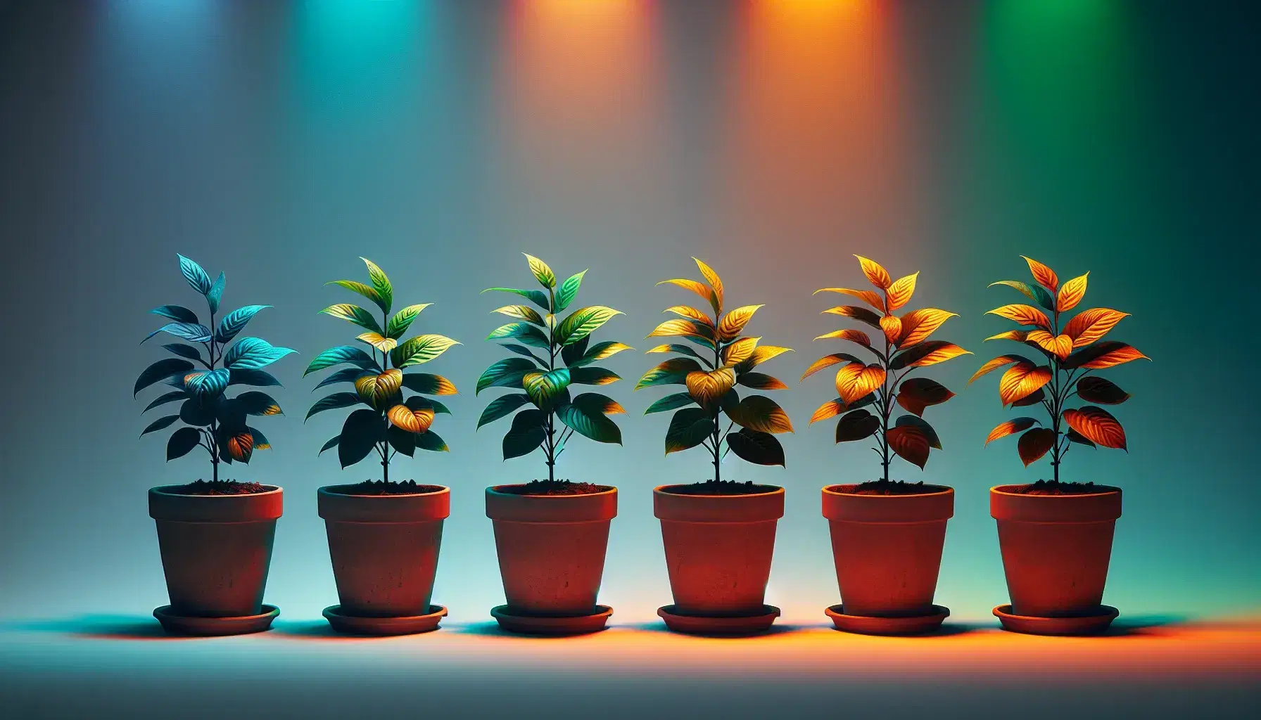 Five potted plants under colored lights from red to blue, showing varying leaf sizes, against a light background, demonstrating light's effect on plant growth.