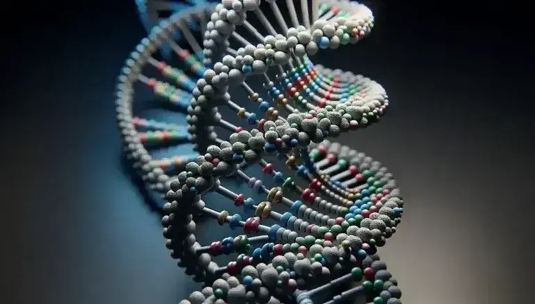Three-dimensional model of double helix DNA with paired nitrogenous bases, sugars and phosphate groups, neutral background and lighting from top left.