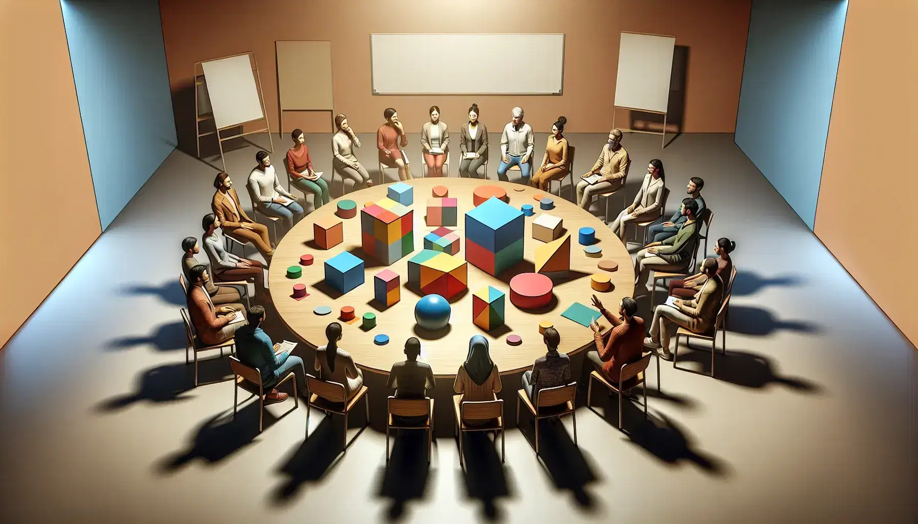 Grupo diverso en reunión colaborativa con figuras geométricas en mesa, en un ambiente de trabajo enfocado y sin distracciones.