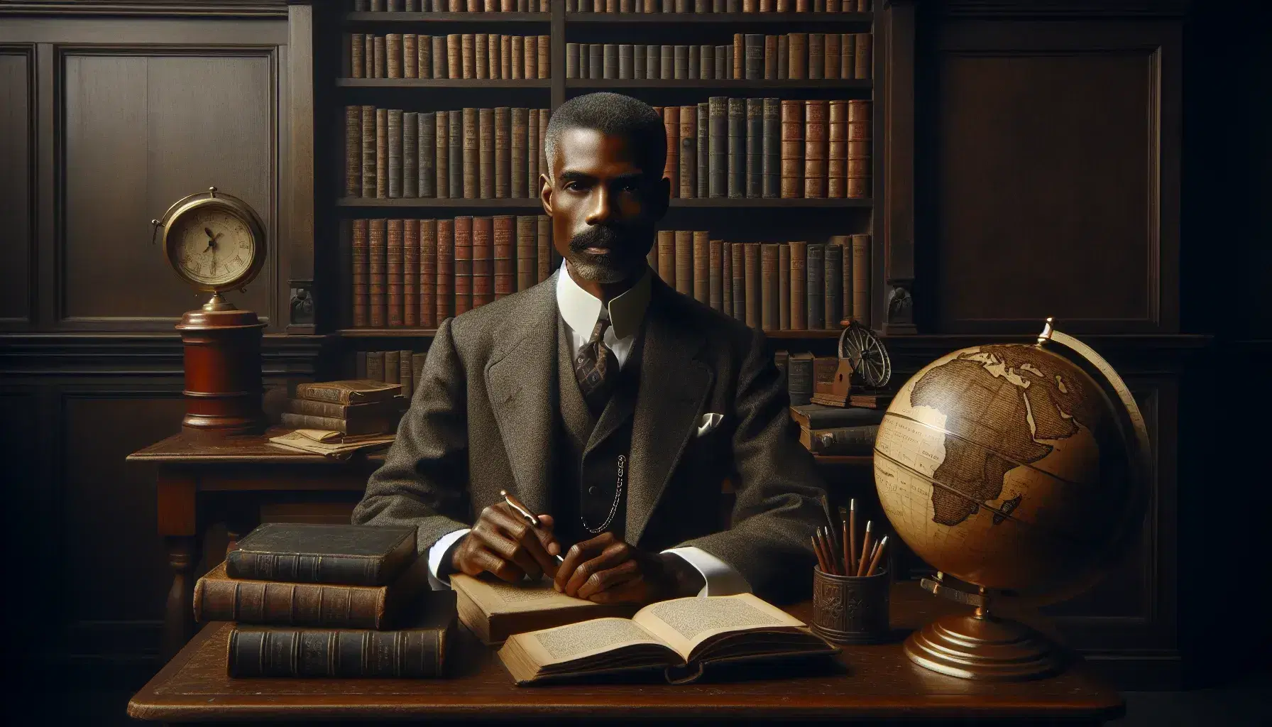 Black and white portrait of an elegant African American gentleman sitting at the desk with books and globe in the 1900s era.