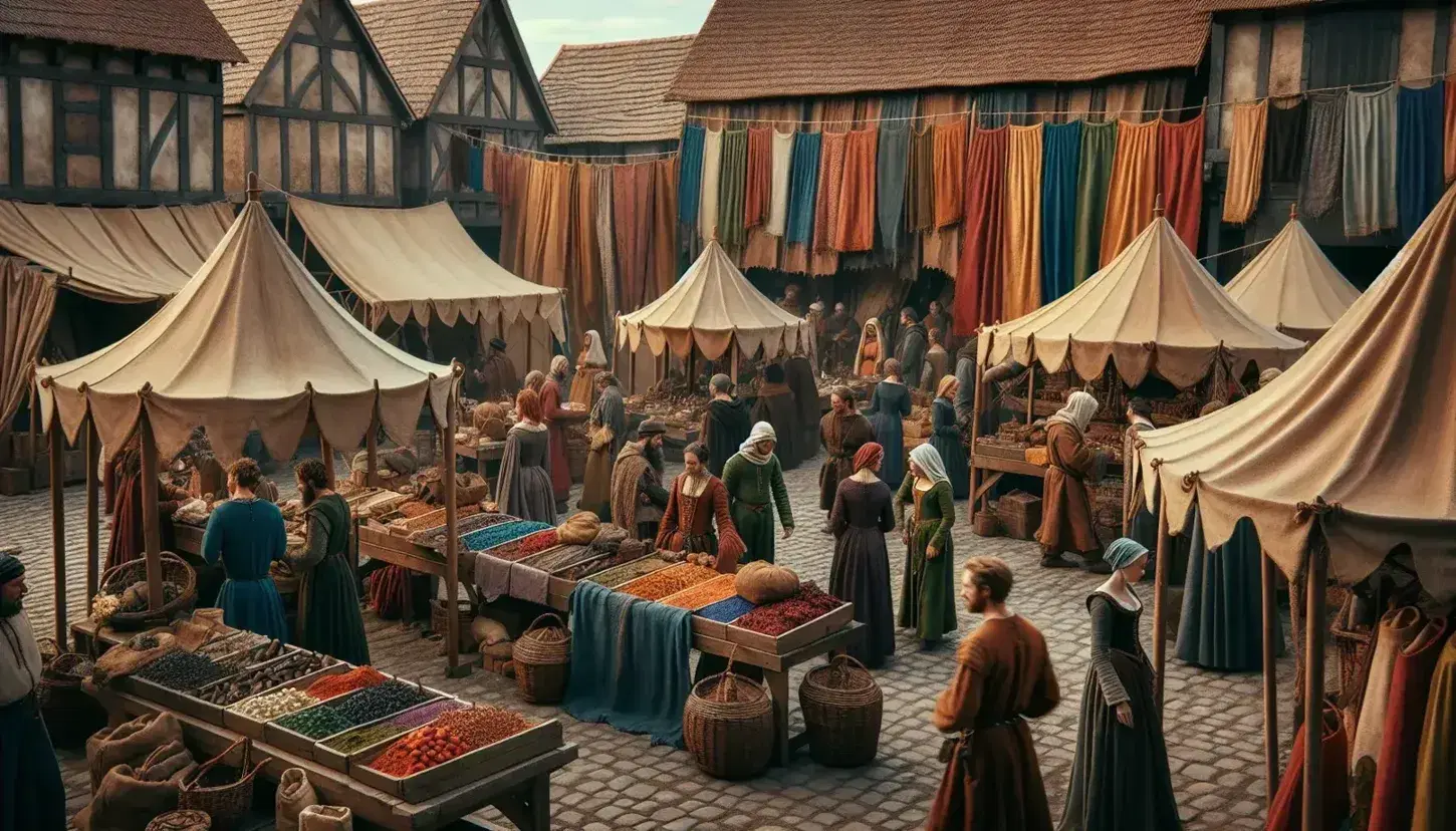 Mercado medieval al aire libre con puestos de madera y tejidos coloridos, gente en vestimentas de época y edificios de piedra con tejados rojos bajo un cielo azul.