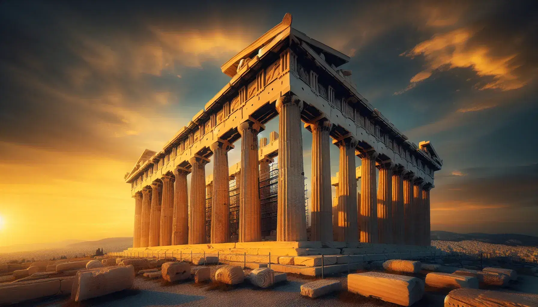 Tempio del Partenone sull'Acropoli di Atene al tramonto, con colonne doriche in marmo bianco che riflettono la luce dorata.