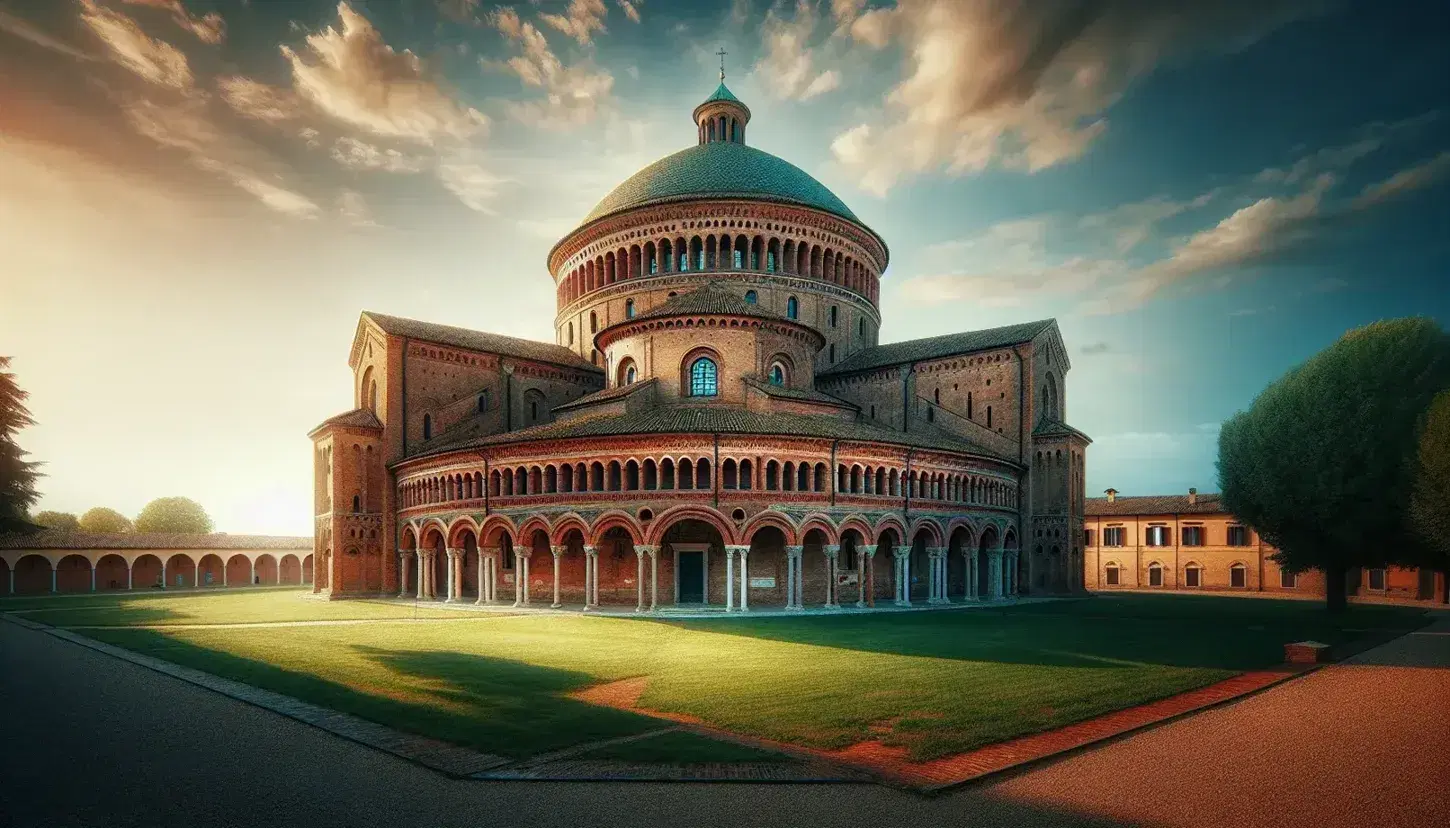 Basilica di San Vitale a Ravenna, edificio ottagonale con cupola e mattoni rossi, circondata da prato verde sotto cielo azzurro.