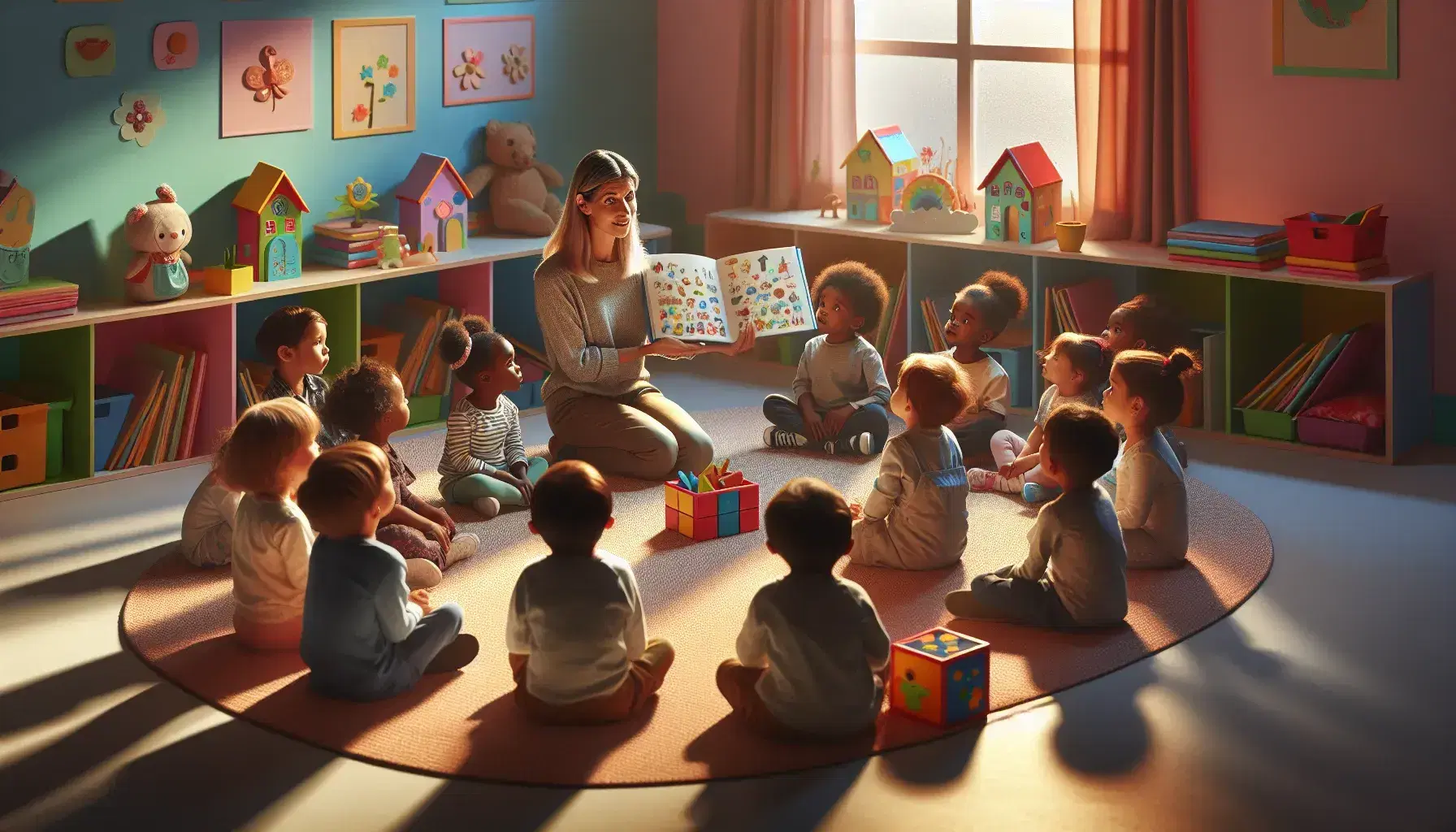 Grupo de niños atentos escuchando a una mujer leer un libro ilustrado en una sala de juegos con luz natural y juguetes coloridos.