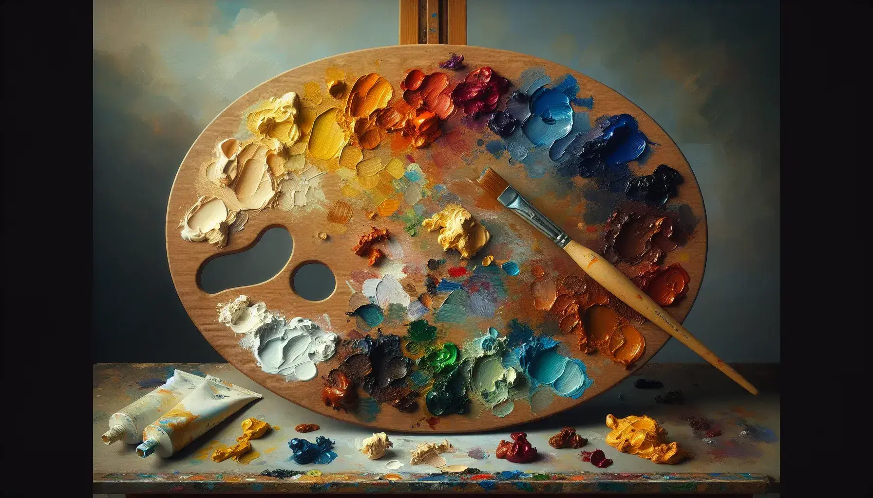 Tavolozza ovale in legno con macchie di colore e pennello immerso in blu, sfondo sfocato di tela con inizio paesaggio.
