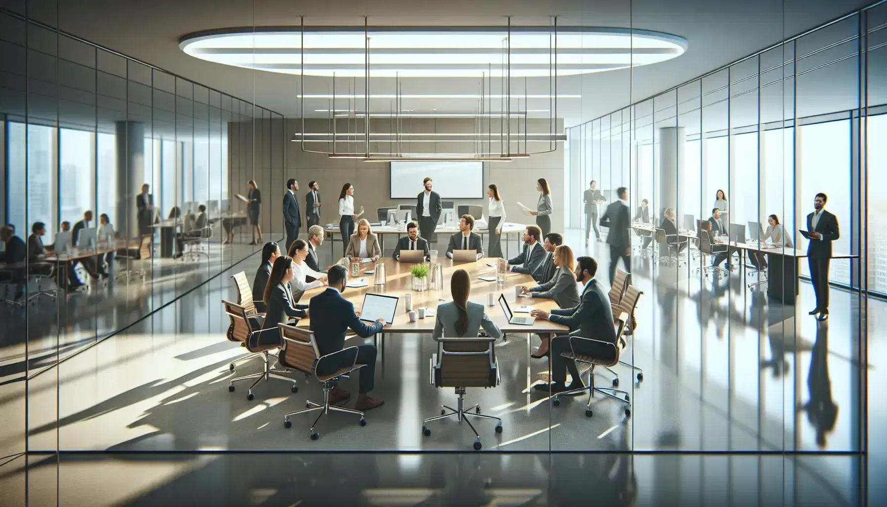 Diverse group of professionals engaged in a meeting around a large wood conference table in a well-lit, modern office with transparent walls and greenery.
