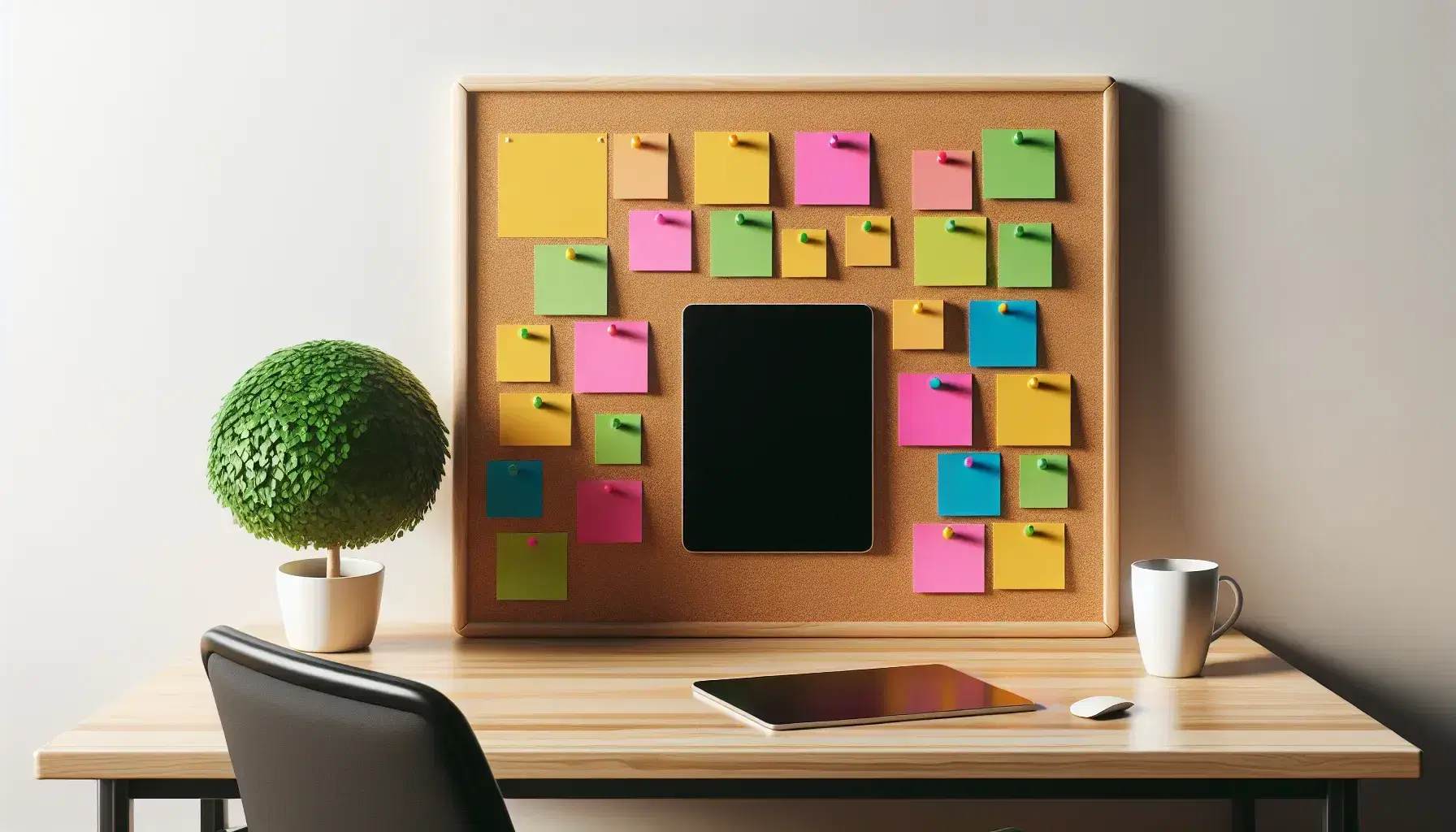 Escritorio de oficina con corcho y notas adhesivas coloridas, taza de café, tableta electrónica y planta, silla de oficina al fondo.