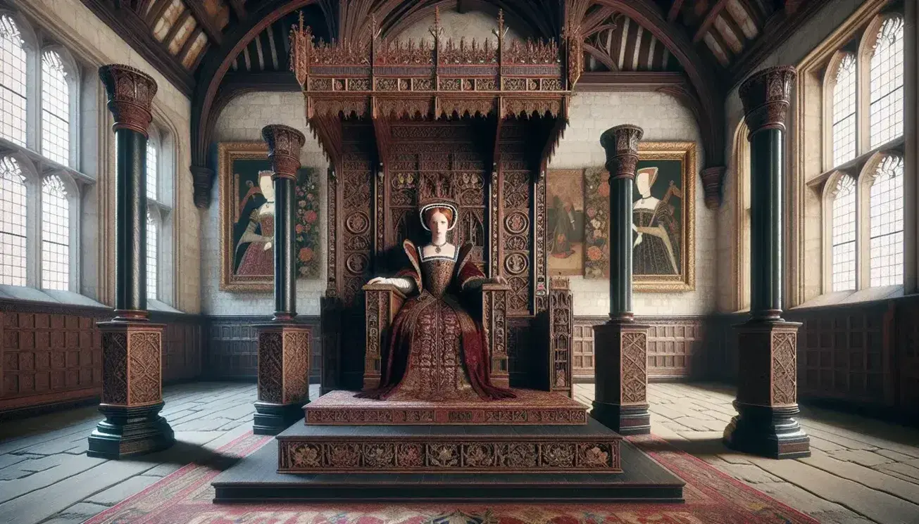 Tudor-era throne room with a carved wooden throne, plush red velvet cushions, flanked by oil portraits of a regal woman and ornate rug on the floor.