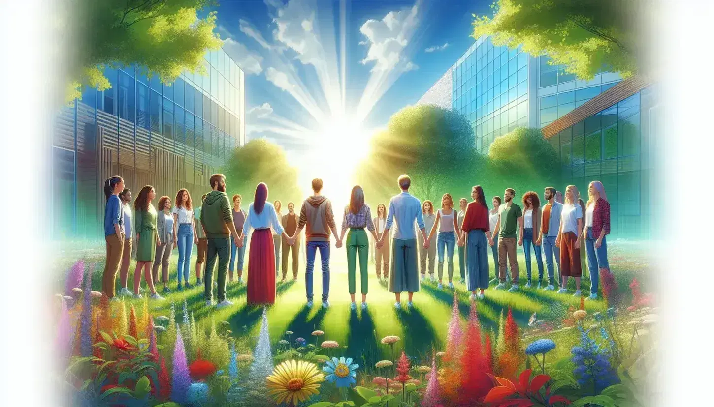 Gruppo multietnico di persone di varie età che si tengono per mano in cerchio su un prato verde, con alberi e edifici moderni sullo sfondo.