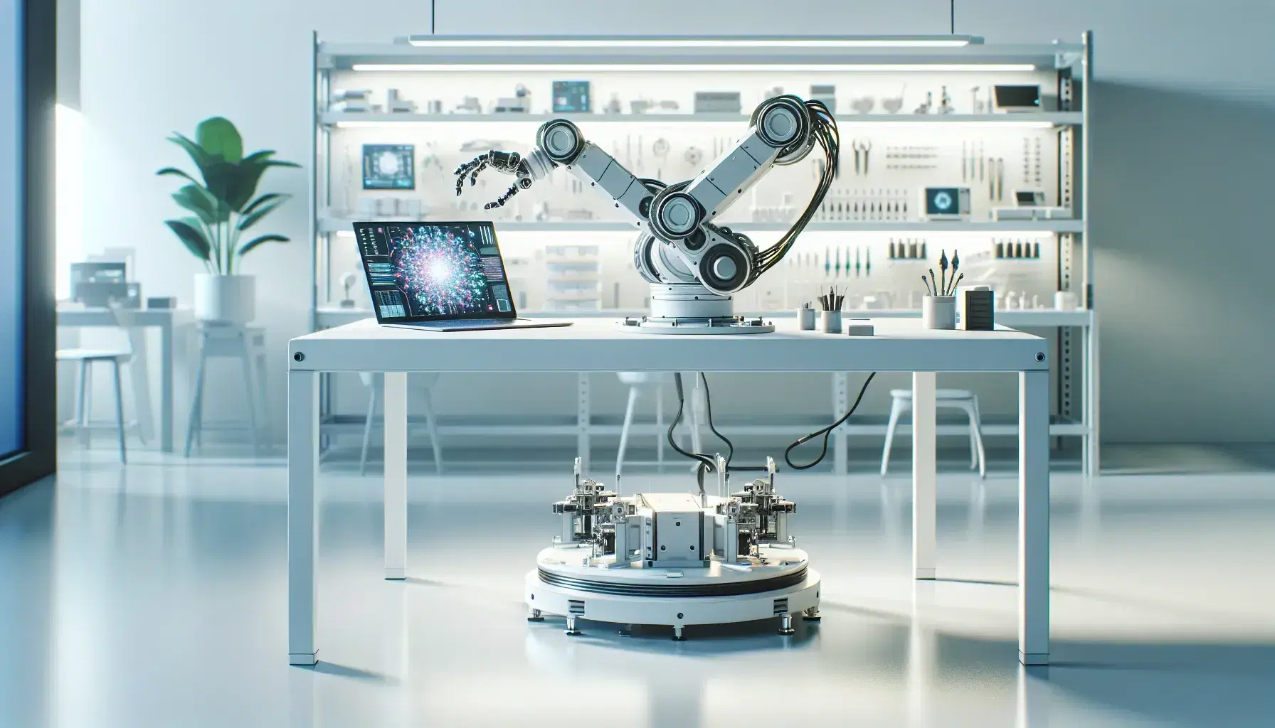 Laboratorio de investigación en inteligencia artificial con brazo robótico articulado sobre mesa y portátil mostrando gráficos, rodeado de estantes con componentes y una planta verde.