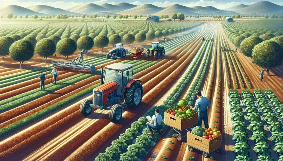 Campo agrícola con tractor rojo trabajando la tierra, agricultores examinando plantas y recolectando vegetales, árboles frutales y molino de viento moderno bajo cielo despejado.