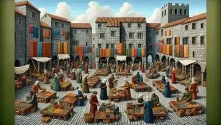 Mercato medievale animato con bancarelle di tessuti colorati, frutta, verdura e manufatti, cittadini in abiti d'epoca che contrattano e bambini che giocano.