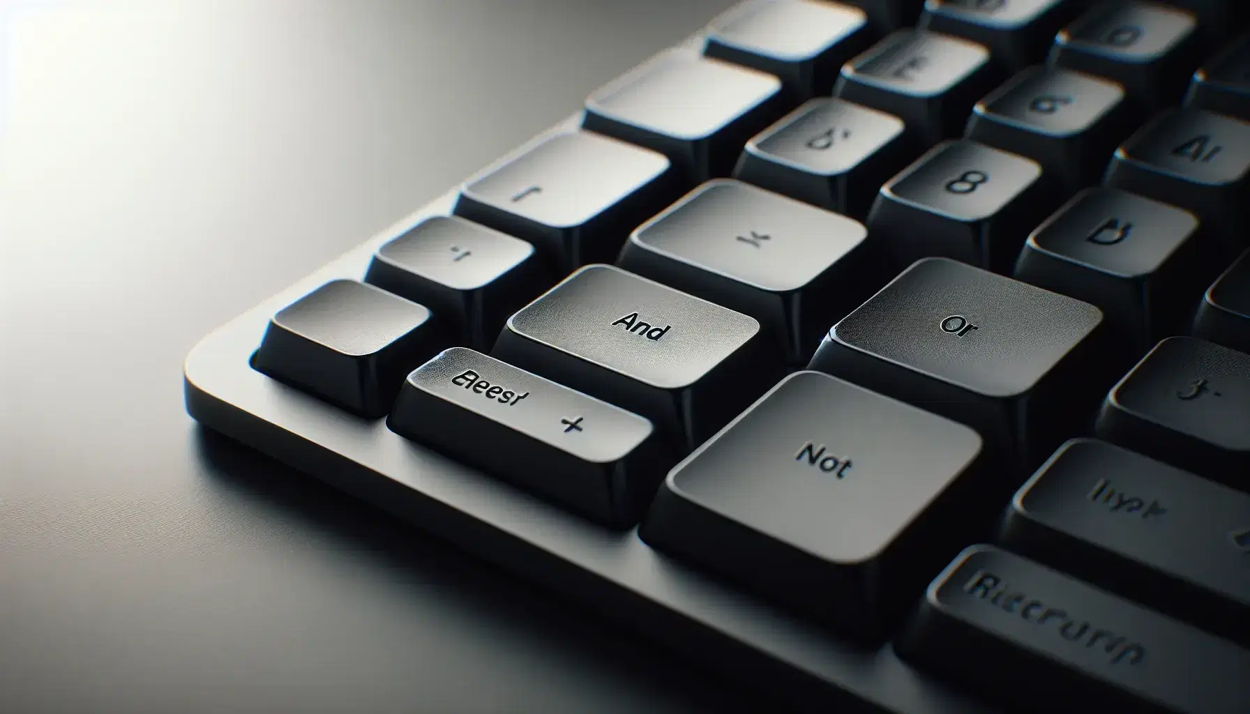 Close-up of a modern computer keyboard with matte black keys, emphasis on AND, OR, NOT logical operator keys with no visible symbols.