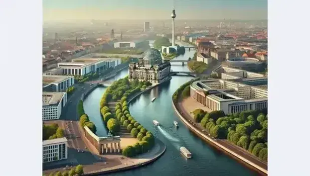 Veduta aerea di Berlino con il fiume Sprea, il Reichstag, la Porta di Brandeburgo e la Fernsehturm in una giornata limpida.