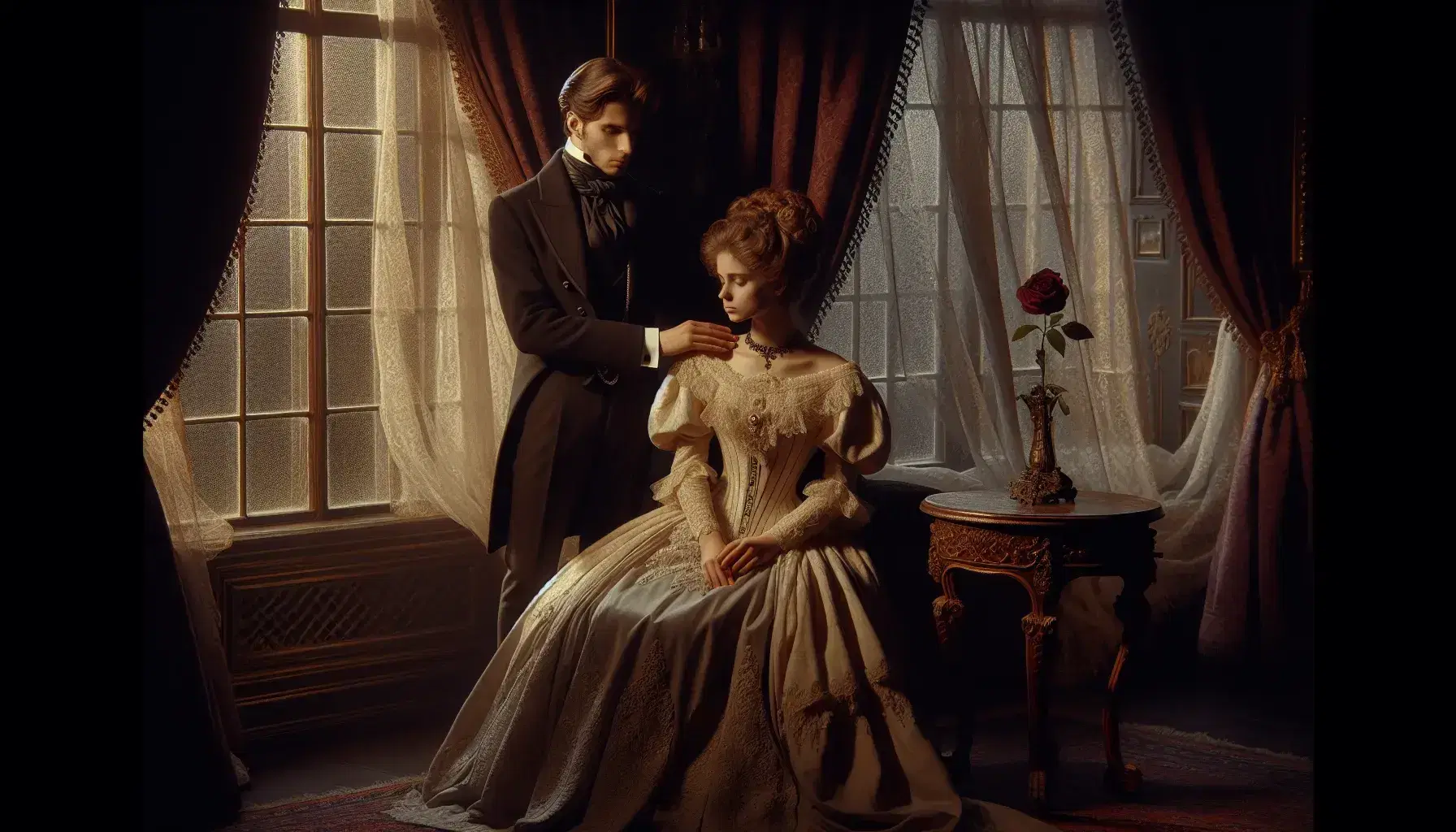 Victorian couple in an elegant room with a man whispering to a seated woman, a wilting rose on a table, and a grand piano in the background.