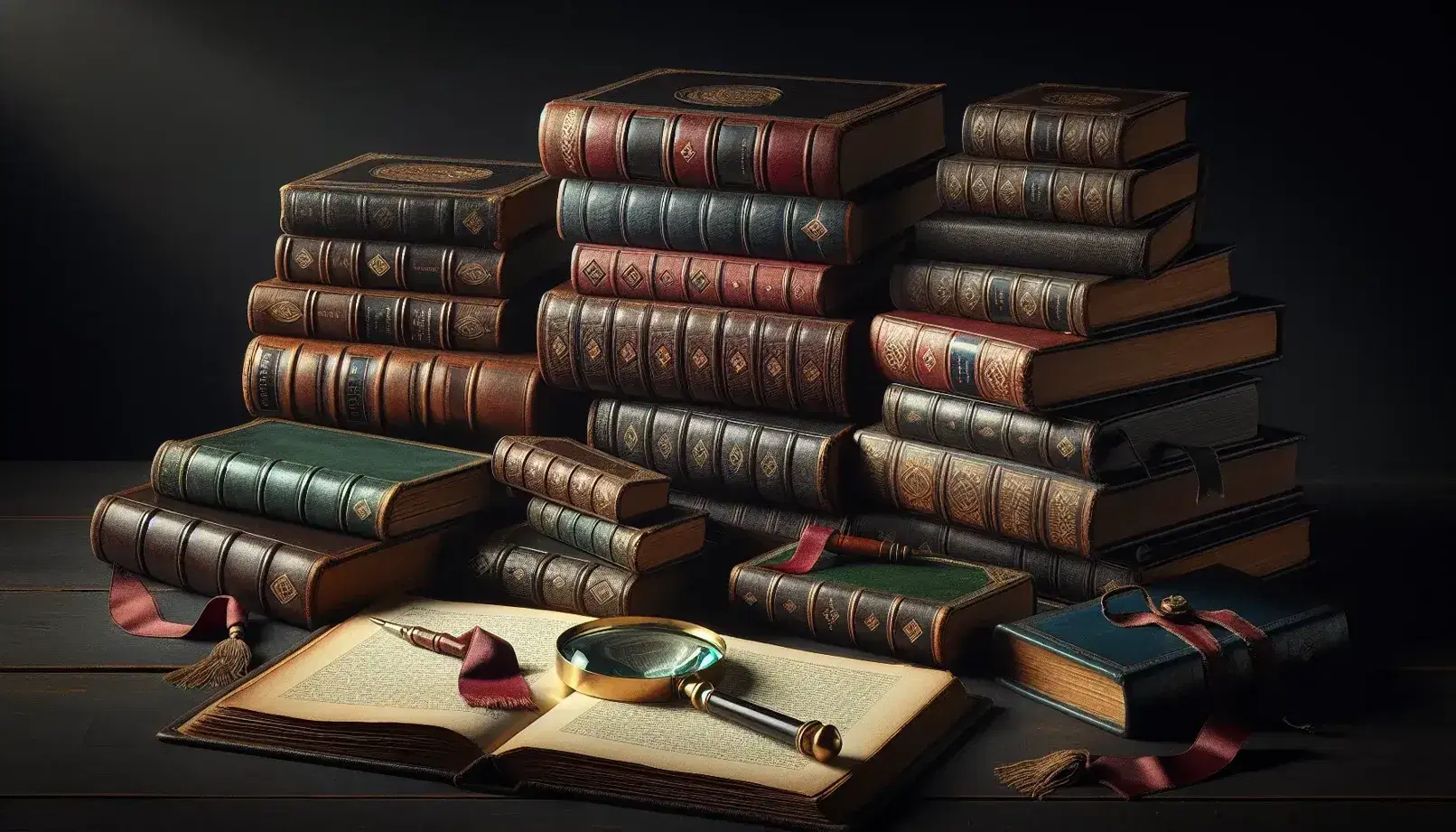 Libri antichi impilati su tavolo in legno con lente d'ingrandimento, segnalibri in tessuto, penna stilografica e calamaio in vetro.