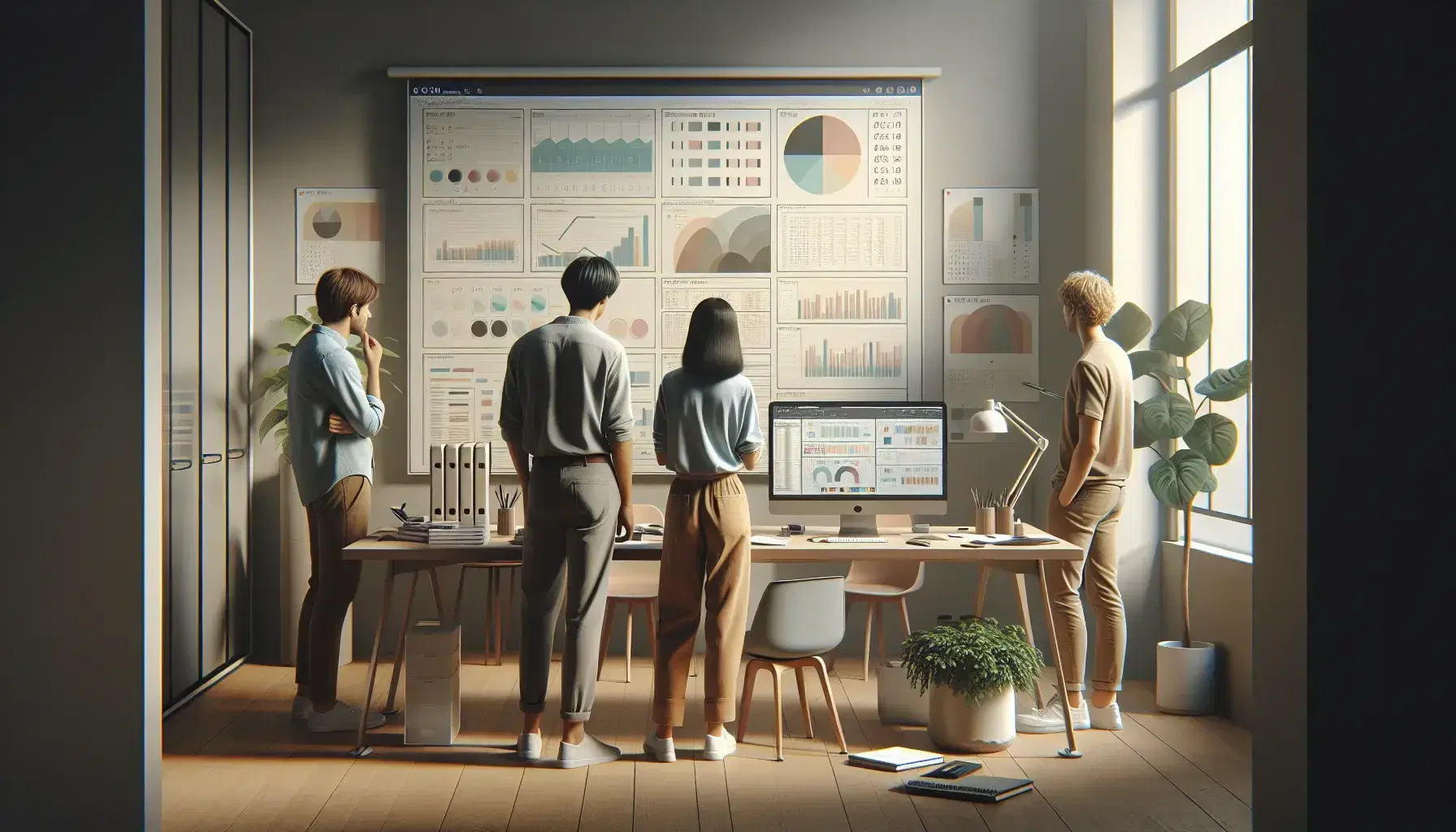 Equipo de trabajo colaborativo analiza datos en pantalla de computadora en oficina, con notas y planta decorativa sobre el escritorio.