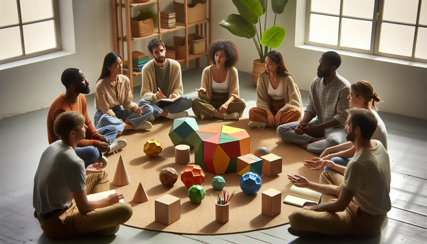 Grupo diverso de cinco personas en discusión animada, con figuras geométricas coloridas en el suelo, en una sala iluminada con luz natural.