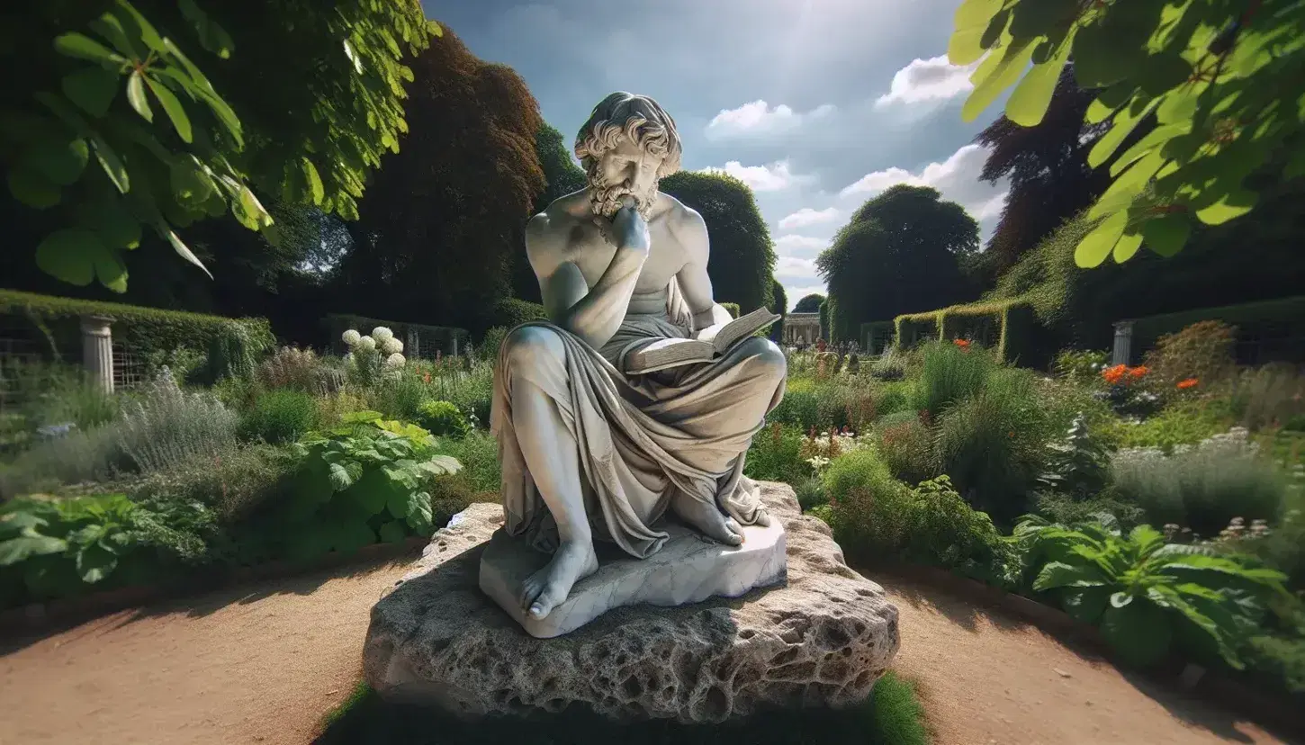 Statua in marmo bianco di uomo pensieroso seduto su blocco di pietra, con libro aperto in grembo, circondato da giardino rigoglioso.