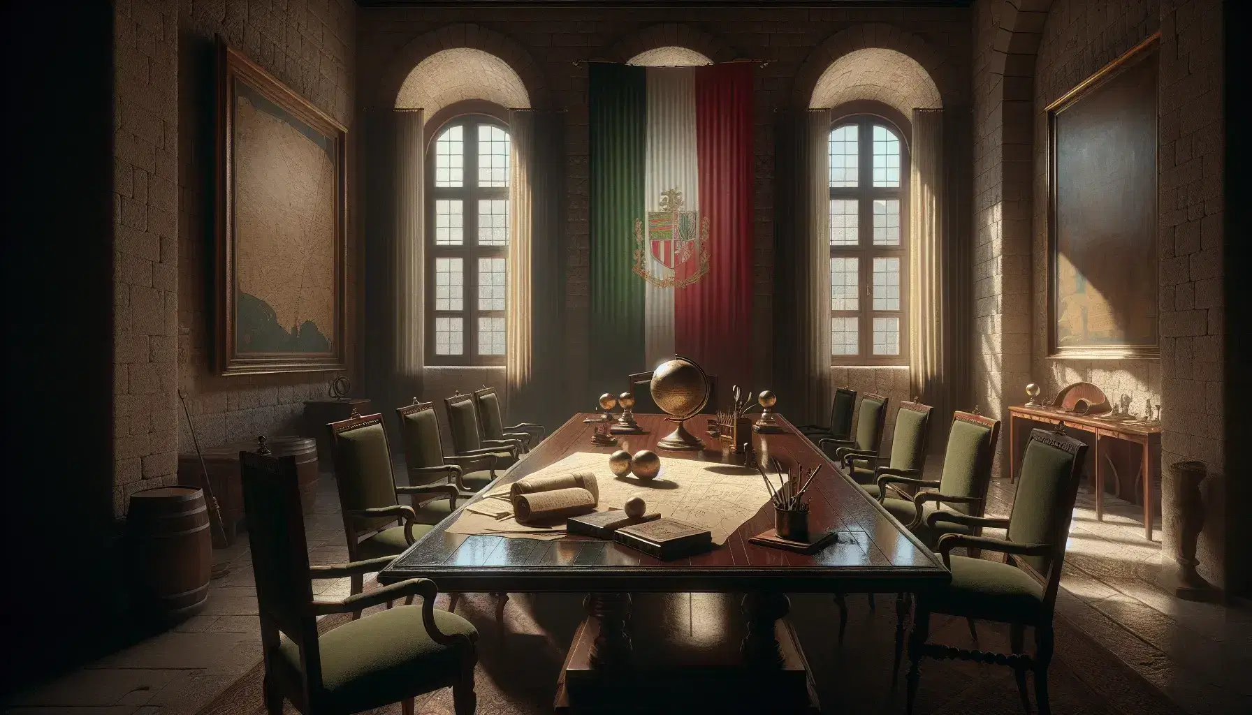 Sala storica con pareti in pietra, tavolo in legno scuro, sedie antiche, mappe, penne stilografiche, globo stilizzato e bandiera tricolore.