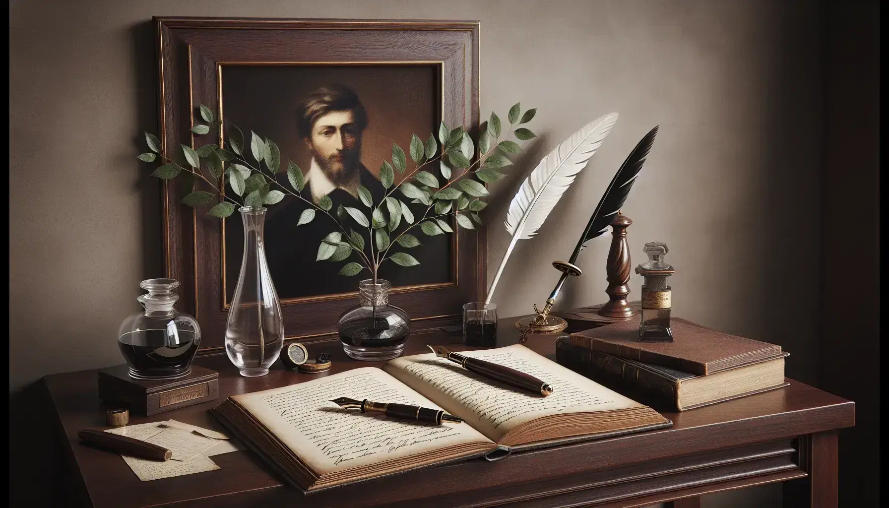 Scrivania in legno scuro con libro aperto, penna stilografica, calamaio con inchiostro, piuma d'oca e ritratto d'epoca.