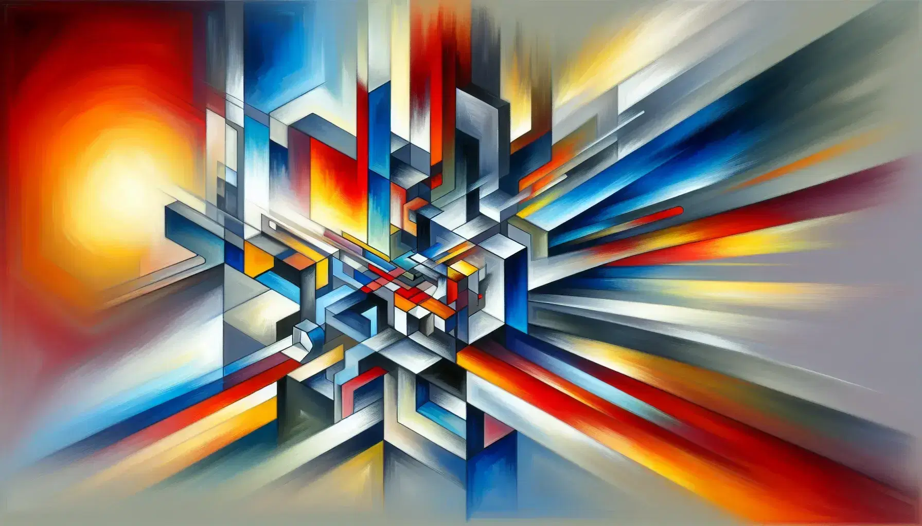 Dynamic abstract painting inspired by Futurism with overlapping geometric shapes in electric blue, fiery red, and bright yellow on a gradient gray background.
