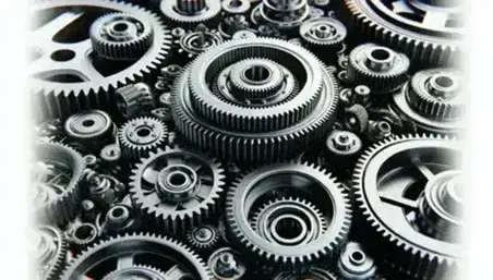 Ingranaggi meccanici metallici interconnessi di diverse dimensioni, con riflessi luminosi e dettagli tridimensionali evidenti.