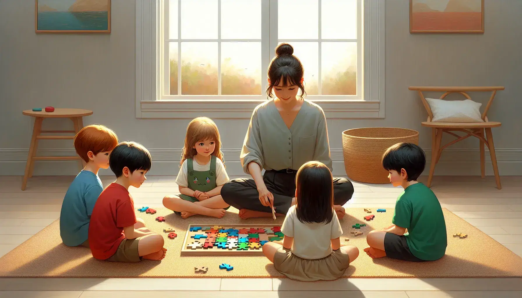 Cuatro niños de diversas etnias observan a un adulto enseñando un rompecabezas de madera colorido en una habitación iluminada.