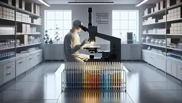 Laboratorio scientifico illuminato con microscopio elettronico grigio, provette colorate su supporto e figura umana in camice che esamina un campione.