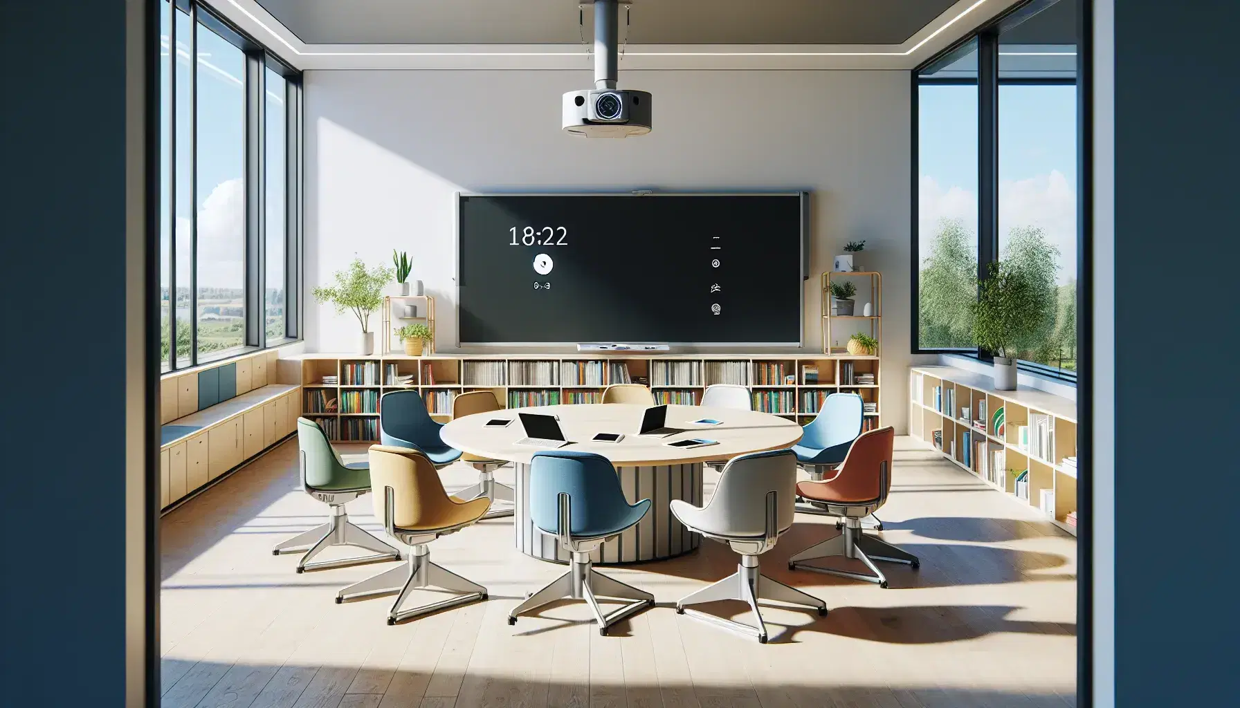 Aula moderna y luminosa con mesa redonda, sillas ergonómicas de colores, dispositivos electrónicos, pizarra blanca, proyector digital y estantería con libros.