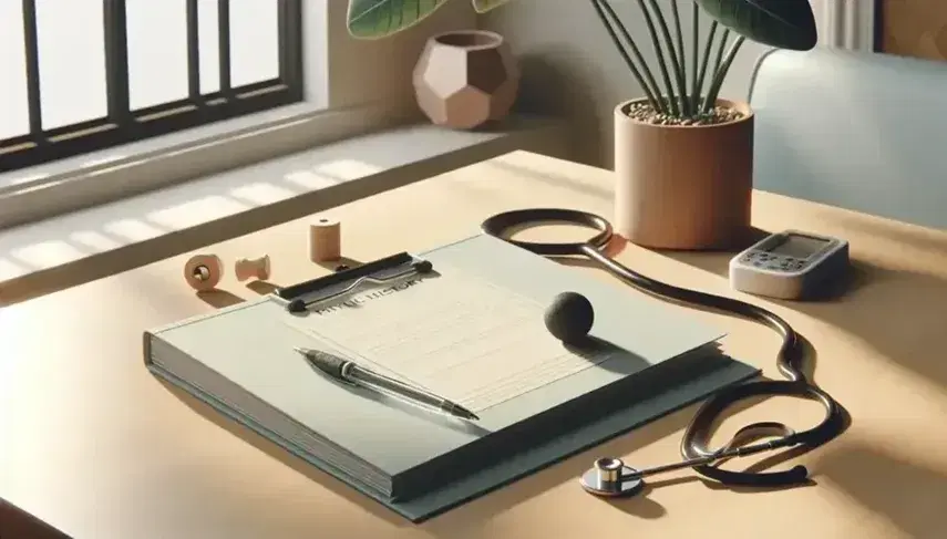 Mesa de madera clara con elementos de fisioterapia, incluyendo un cuaderno abierto sin escritura, un bolígrafo plástico y un estetoscopio, con una planta desenfocada al fondo.