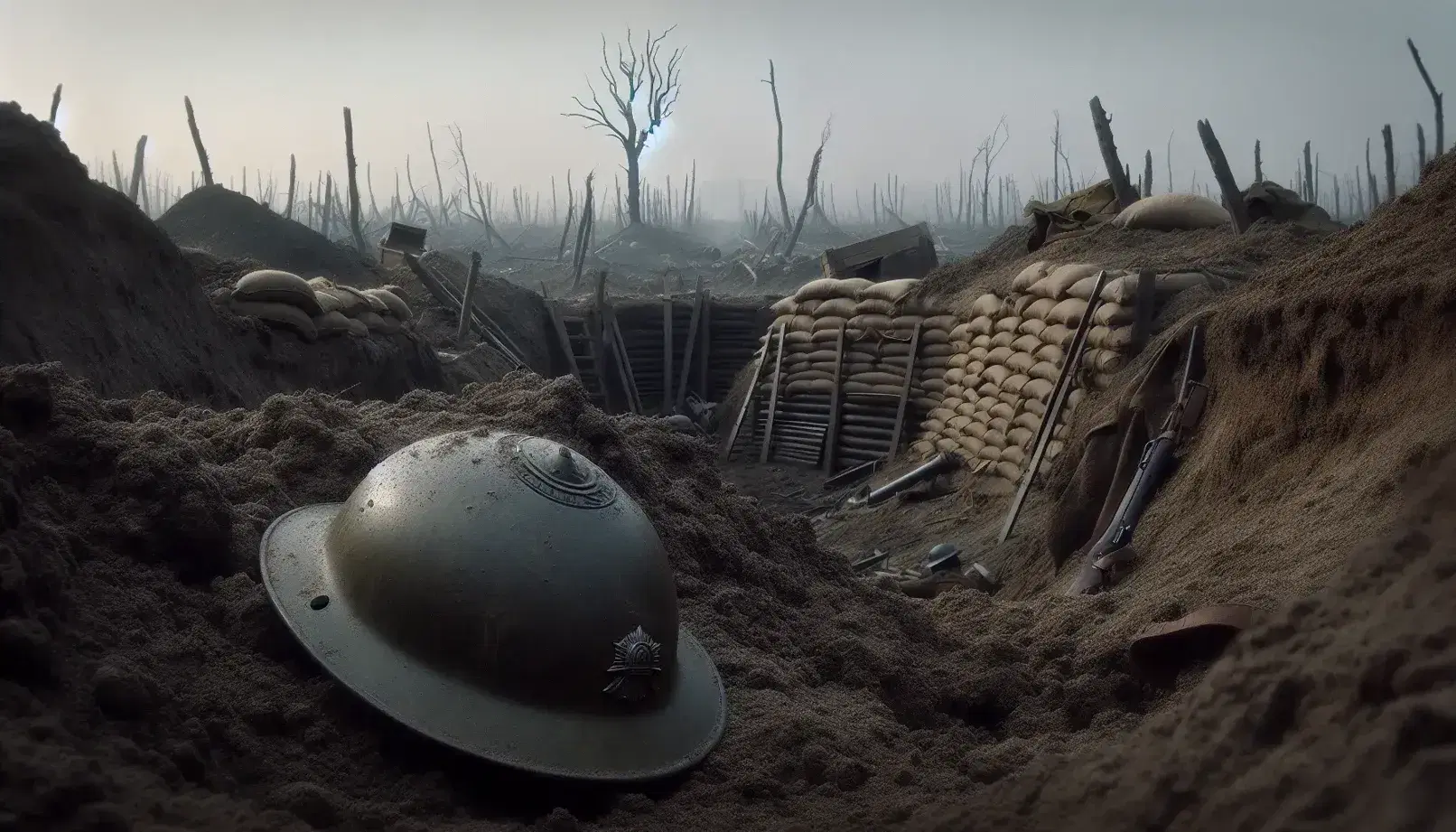Campo di battaglia della Prima Guerra Mondiale con elmetto italiano capovolto, trincea danneggiata e alberi spogli sotto cielo grigio.