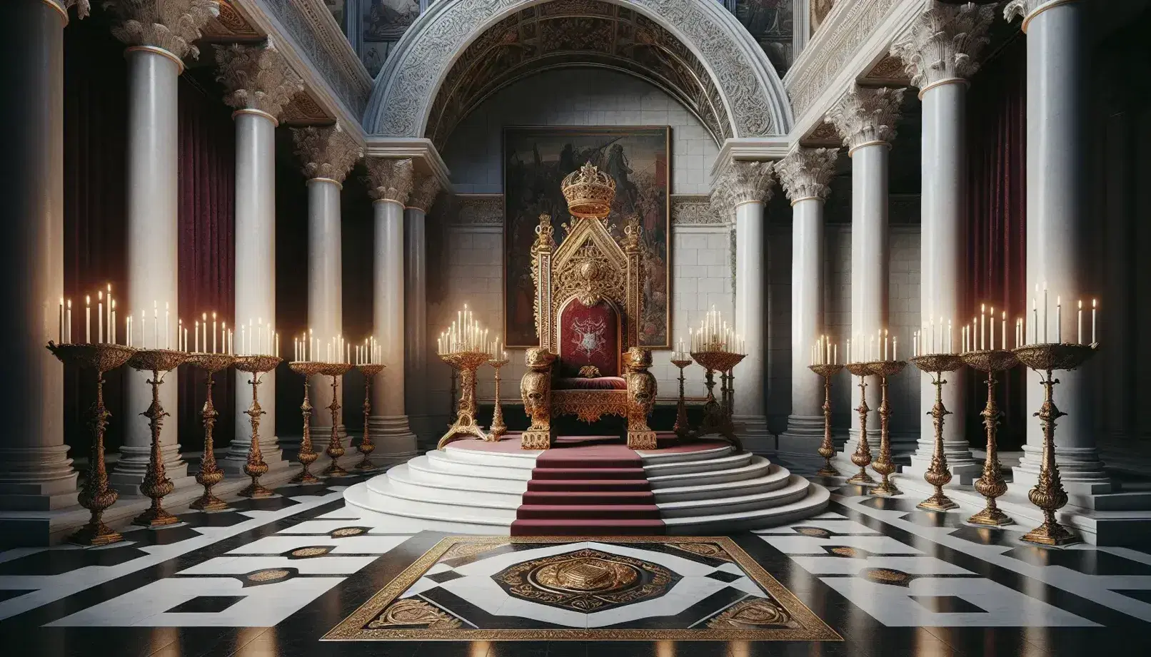Sala del trono rinascimentale con trono dorato vuoto, colonne marmoree, arazzi e guardie in armatura.