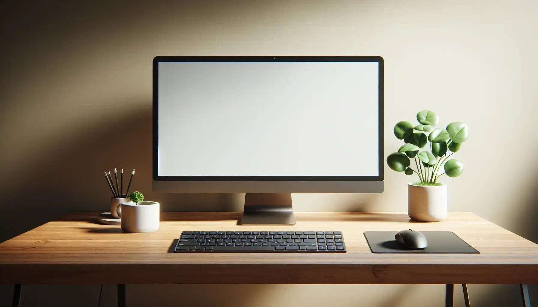Serene office environment with modern monitor on wooden desk, black keyboard, ergonomic mouse, green plant and cup with brushes.