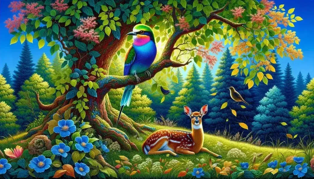 Albero rigoglioso con foglie verdi e uccello dal piumaggio multicolore su ramo, cervo maculato nel prato fiorito sotto la luce solare filtrante.